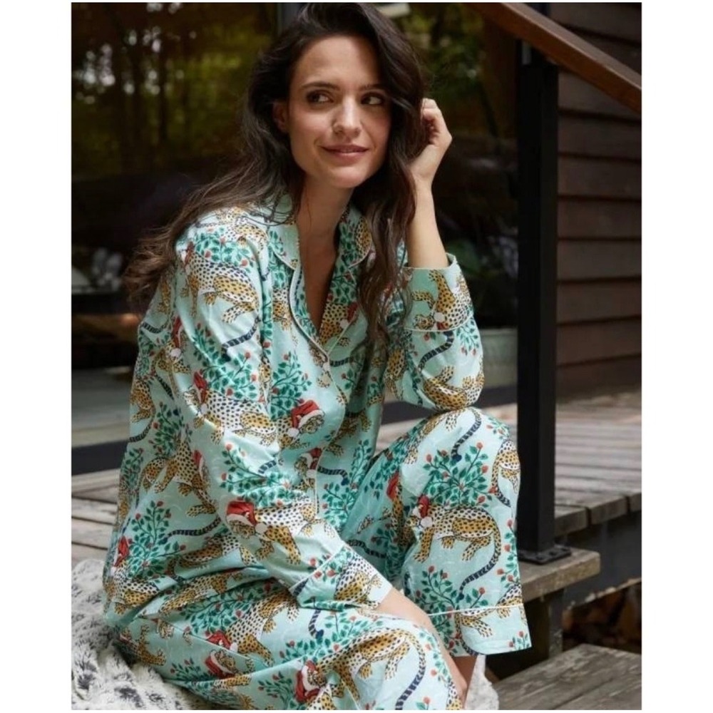 Printfresh Christmas Leopard Pajama Set Mint Green Santa Hat Cotton XXS Womens